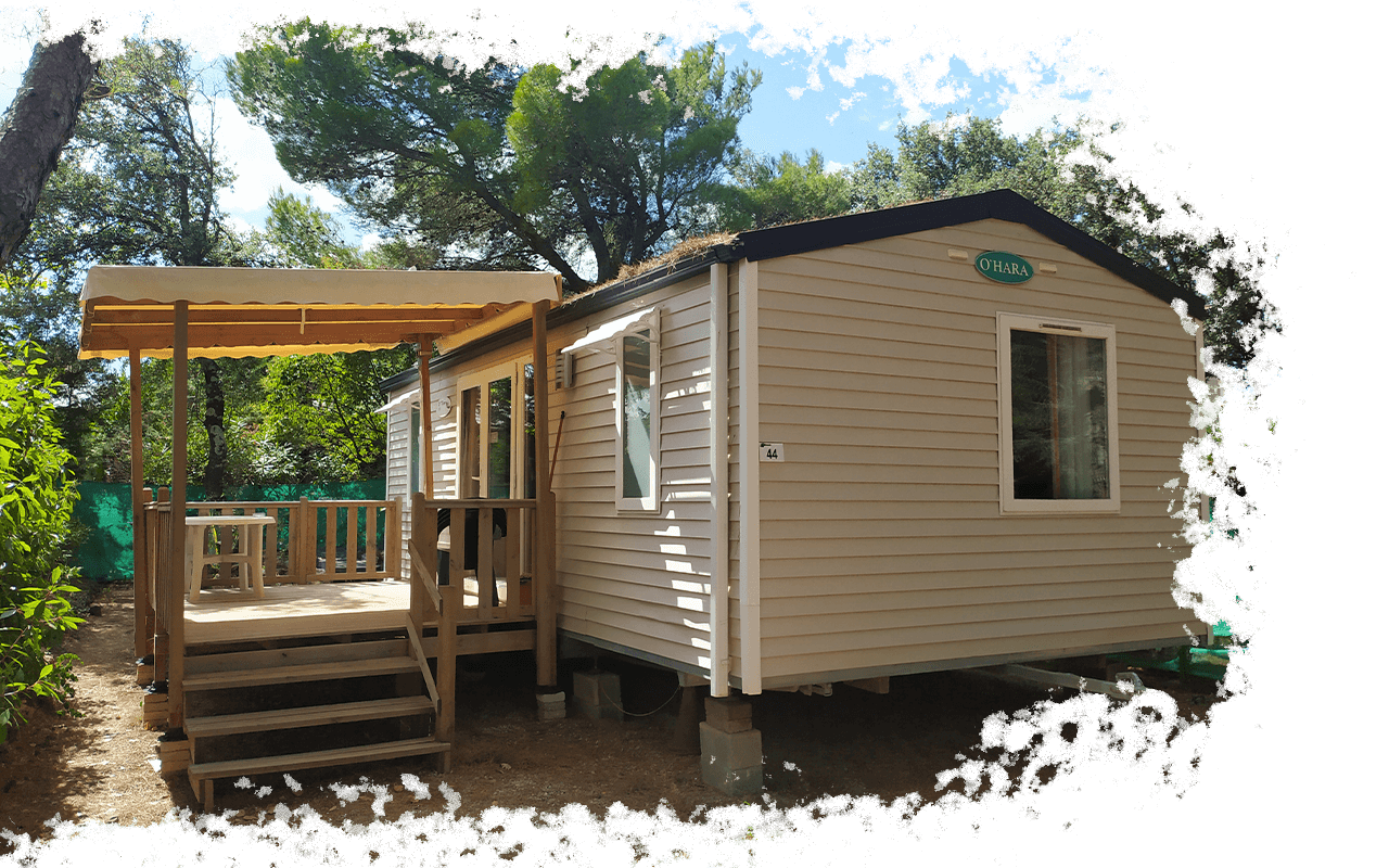 Alquiler mobil home O'Hara OTiny 4/6 personas en el Camping l'Oliveraie, al pie del Parque Natural Regional del Haut Languedoc
