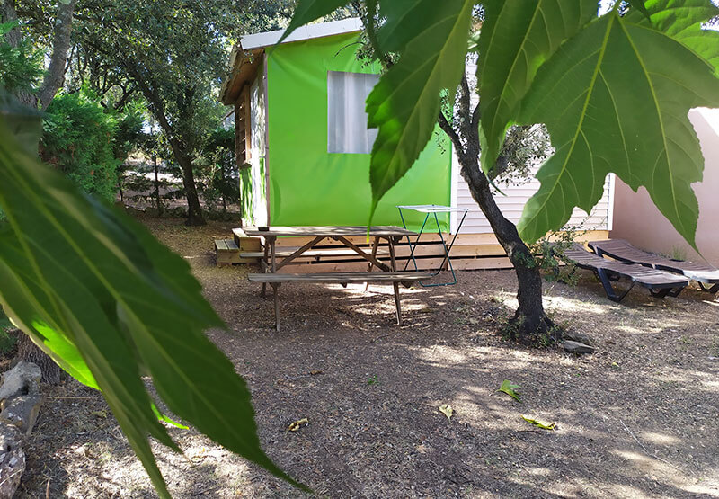 outside with dining area of the Tithome cabin